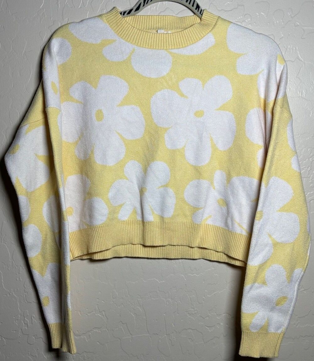 Debut Womens M Yellow White Daisy Floral Cropped Sweater Retro Y2K Knit